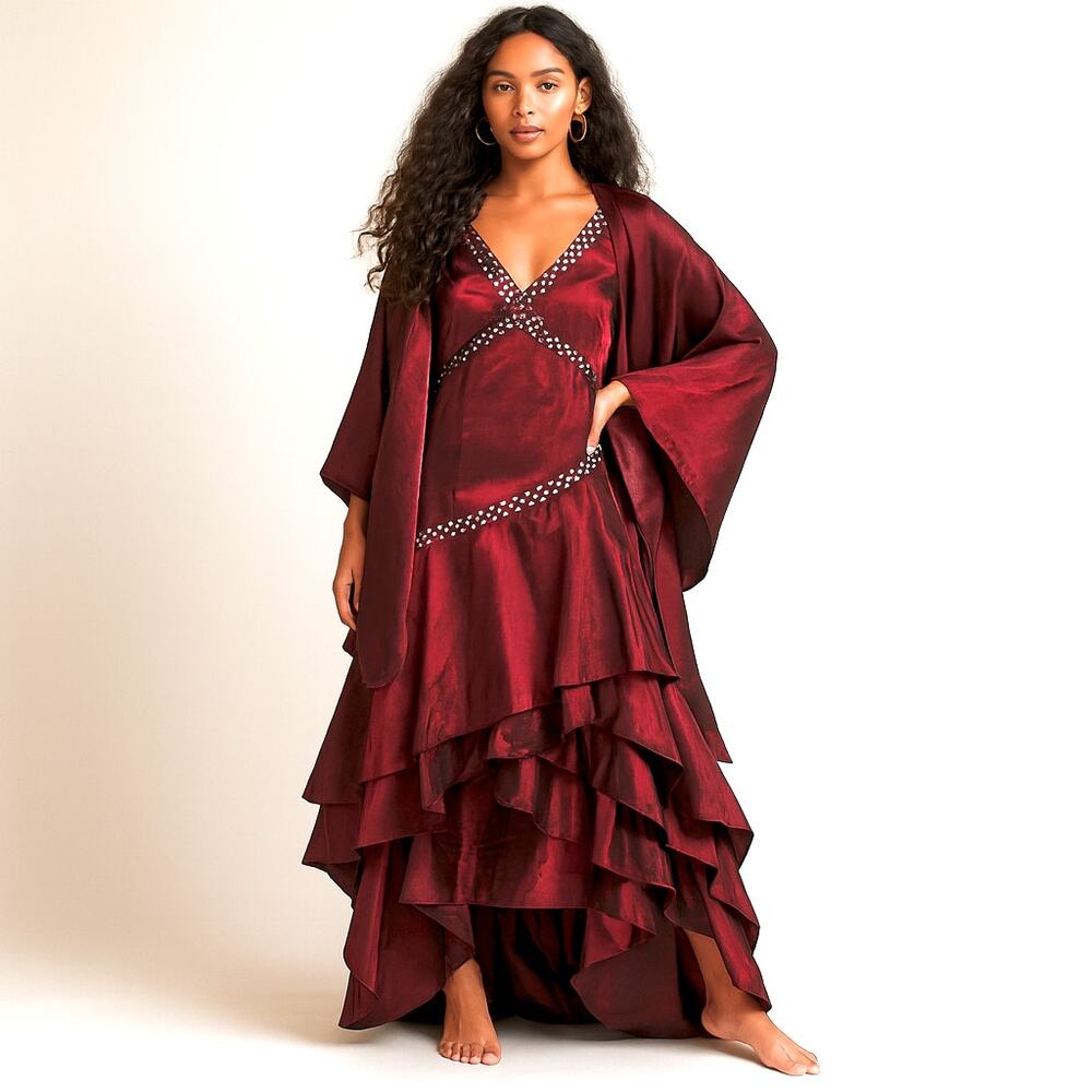 90s Y2K Witchy Buffy Vamp Burgundy Satin Ruffle Tiered Fairy Gown Boho Sexy MED